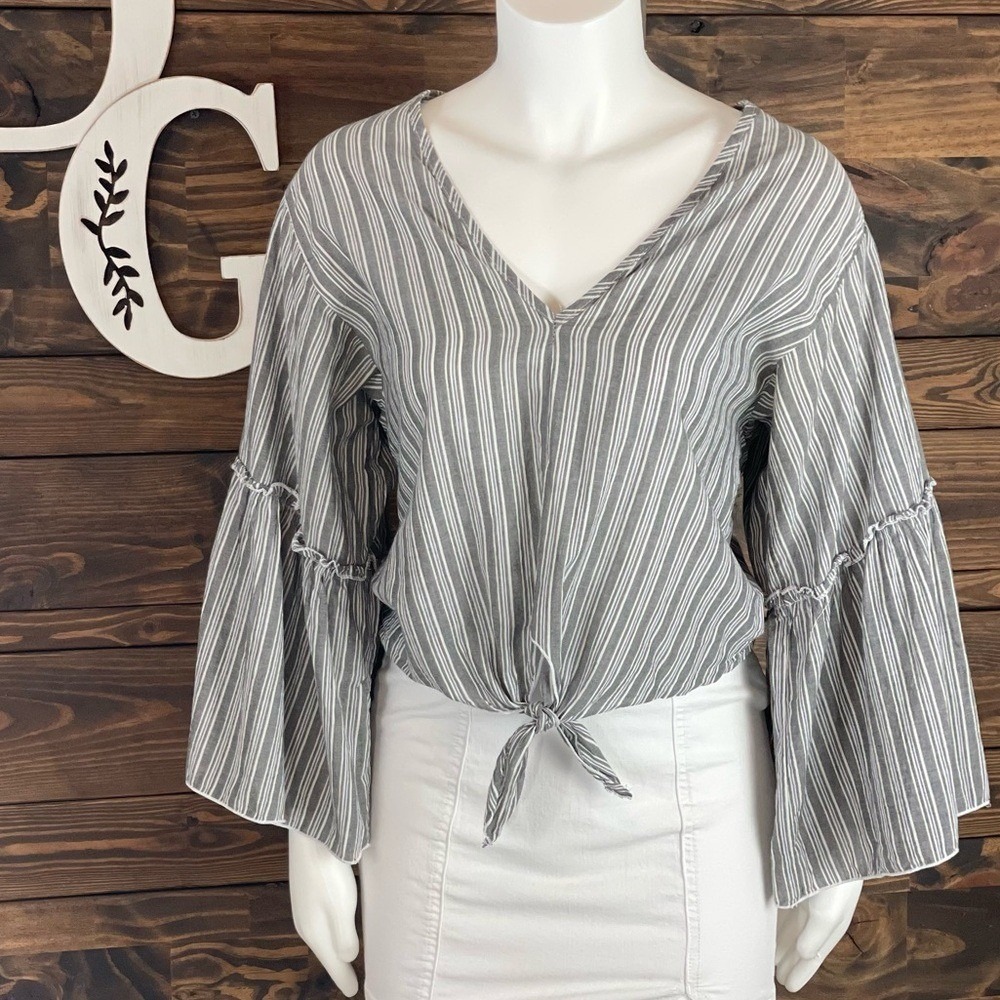 Lavender field | Striped Bell‎ Sleeve Ruffle Trim V-Neck Tie Front Blouse